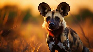 Foto von afrikanisch wild Hund auf Savanne beim Sonnenuntergang. generativ ai