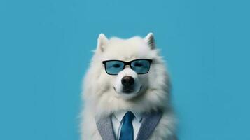 Foto von hochmütig samoyed Hund mit Brille und Büro passen auf Weiß Hintergrund. generativ ai