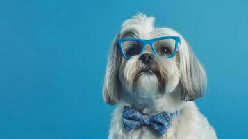 Foto von hochmütig lhasa apso Hund mit Sonnenbrille und Büro passen auf Weiß Hintergrund. generativ ai