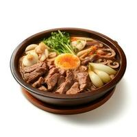 Essen Fotografie von Sukiyaki auf schwarz Schüssel isoliert auf Weiß Hintergrund. generativ ai foto