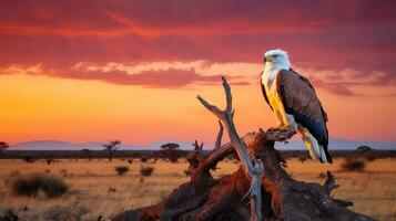 Foto von afrikanisch Fisch Adler auf Savanne beim Sonnenuntergang. generativ ai