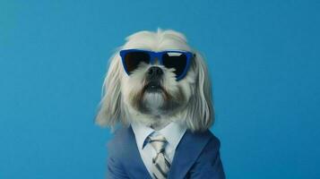 Foto von hochmütig lhasa apso Hund mit Sonnenbrille und Büro passen auf Weiß Hintergrund. generativ ai