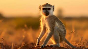 Foto von vervet Affe auf Savanne beim Sonnenuntergang. generativ ai