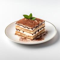 Essen Fotografie von Tiramisu auf Teller isoliert auf Weiß Hintergrund. generativ ai foto