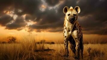 Foto von Hyäne auf Savanne beim Sonnenuntergang. generativ ai