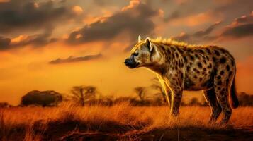 Foto von Hyäne auf Savanne beim Sonnenuntergang. generativ ai