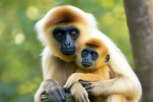 schließen Bild von frech Gibbon Affe Mutter mit ein Kind im das Wald. generativ ai foto