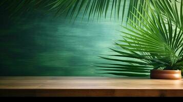 leeren hölzern Tabelle auf das Vordergrund mit tropisch Palme Blätter. Sommer- tropisch Urlaub Hintergrund Konzept. generativ ai foto