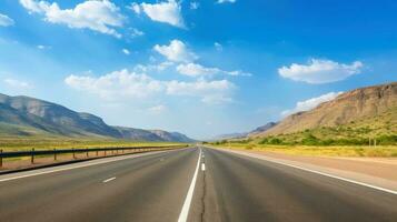 Illustration Bild von Landschaft mit Land Straße, leeren Asphalt Straße auf Blau wolkig Himmel Hintergrund. Mehrfarbig beschwingt draußen horizontal Bild, generativ ai Illustration foto