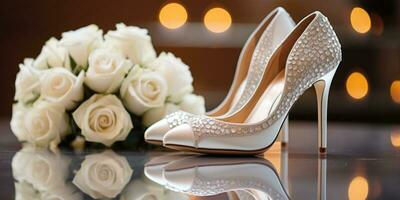 Hochzeit Blumen und Weiß Schuhe. Urlaub. generativ ai foto