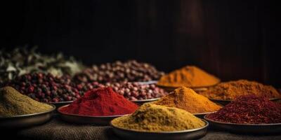 indisch Gewürze schließen hoch. Pfeffer, Kurkuma Thymian Paprika Kreuzkümmel. generativ ai foto