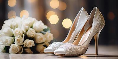 Hochzeit Blumen und Weiß Schuhe. Urlaub. generativ ai foto