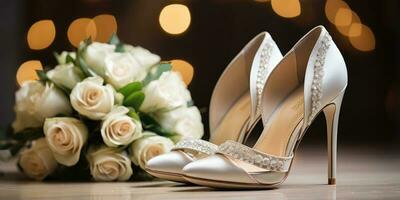 Hochzeit Blumen und Weiß Schuhe. Urlaub. generativ ai foto