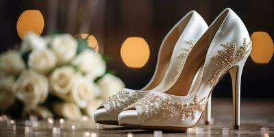 Hochzeit Blumen und Weiß Schuhe. Urlaub. generativ ai foto