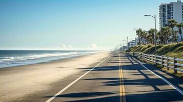 Illustration Bild von leeren Asphalt Straße neben das Meer Hintergrund, Autobahn neben das Meer, draußen horizontal Bild, generativ ai Illustration foto