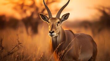 Foto von Wasserbock auf Savanne beim Sonnenuntergang. generativ ai