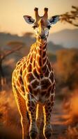 schließen oben Foto von Giraffe auf Savanne beim Sonnenuntergang. generativ ai