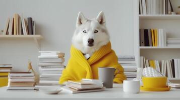 ein sibirisch heiser Hund sitzt studieren begleitet durch ein Tasse und Haufen von Bücher foto