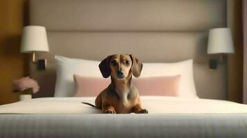 Dackel Hund Lügen auf Bett im Hotel mit zeitgenössisch Innere Design. generativ ai foto