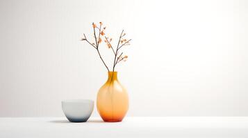 Foto von einer Stengel Pflanze im minimalistisch transparent Vase wie Zimmerpflanze zum Zuhause Dekoration auf warm Farbe Hintergrund. generativ ai