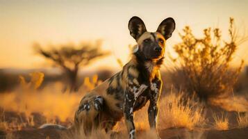 Foto von afrikanisch wild Hund auf Savanne beim Sonnenuntergang. generativ ai