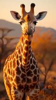 schließen oben Foto von Giraffe auf Savanne beim Sonnenuntergang. generativ ai