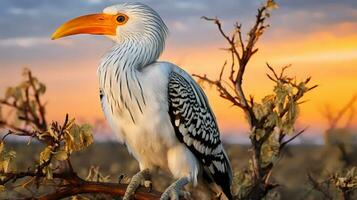 Foto von gelbschnabel Nashornvogel auf Savanne beim Sonnenuntergang. generativ ai