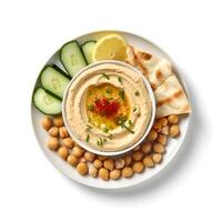 Foto von Hummus auf Teller isoliert auf Weiß Hintergrund. erstellt durch generativ ai