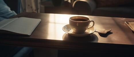 Morgen Kaffee auf ein hölzern Cafe Tisch. Jahrgang Beleuchtung, verschwommen Hintergrund. ai generiert foto