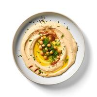 Foto von Hummus auf Teller isoliert auf Weiß Hintergrund. erstellt durch generativ ai