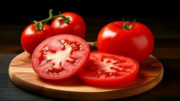 Foto von Tomaten und Scheibe von Tomaten auf hölzern Teller isoliert auf schwarz Hintergrund