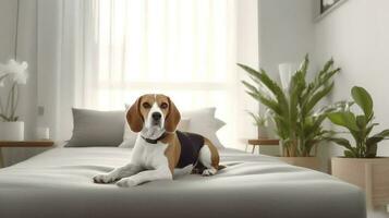 Beagle Hund Lügen auf Bett im Hotel mit zeitgenössisch Innere Design. generativ ai foto