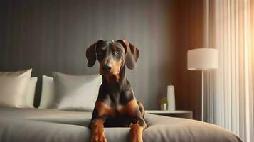 Dobermann Hund Lügen auf Bett im Hotel mit zeitgenössisch Innere Design. generativ ai foto