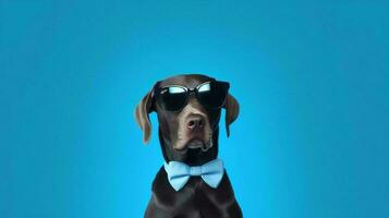 Foto von hochmütig Labrador Retriever Hund mit Sonnenbrille und Büro passen auf Weiß Hintergrund. generativ ai