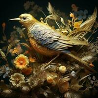 golden Vogel mit golden Blume 3d foto