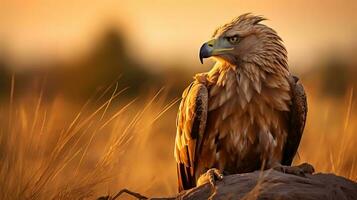 Foto von gelbbraun Adler auf Savanne beim Sonnenuntergang. generativ ai