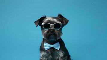 Foto von hochmütig affenpinscher Hund mit Brille und Büro passen auf Blau Hintergrund