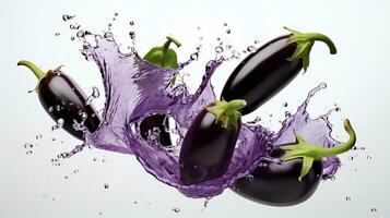 Foto von Aubergine mit Wasser spritzt isoliert auf Weiß Hintergrund