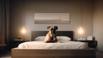 Boxer Hund Lügen auf Bett im Hotel mit zeitgenössisch Innere Design. generativ ai foto