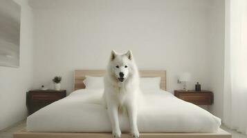 samoyed Hund Lügen auf Bett im Hotel mit zeitgenössisch Innere Design. generativ ai foto