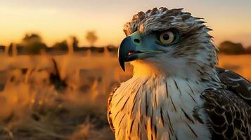 Foto von kriegerisch Adler auf Savanne beim Sonnenuntergang. generativ ai