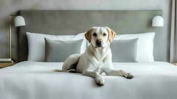 golden Retriever Hund Lügen auf Bett im Hotel mit zeitgenössisch Innere Design. generativ ai foto