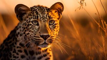 Foto von Leopard auf Savanne beim Sonnenuntergang. generativ ai