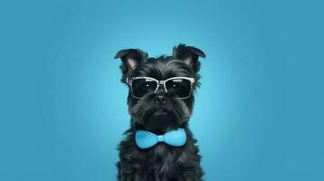 Foto von hochmütig affenpinscher Hund mit Brille und Büro passen auf Blau Hintergrund