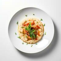 Essen Fotografie von Risotto auf Teller isoliert auf Weiß Hintergrund. generativ ai foto