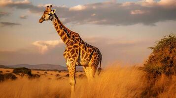 Foto von Giraffe auf Savanne beim Sonnenuntergang. generativ ai