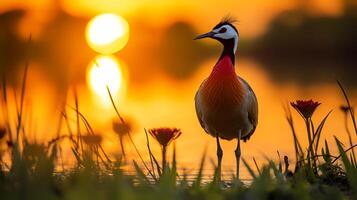 Foto von afrikanisch Jacana auf Savanne beim Sonnenuntergang. generativ ai