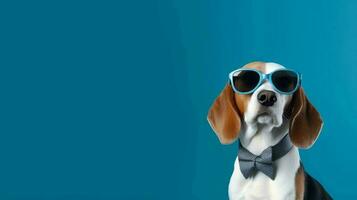 Foto von hochmütig Beagle mit Sonnenbrille und Büro passen auf Weiß Hintergrund. generativ ai