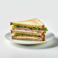 Essen Fotografie von Sandwich auf Teller isoliert auf Weiß Hintergrund. generativ ai foto