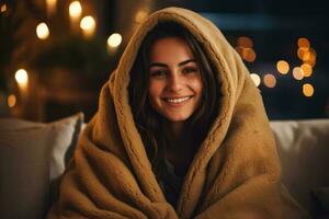 Person genießen ein gemütlich Nacht im eingewickelt im ein gemütlich Sweatshirt foto